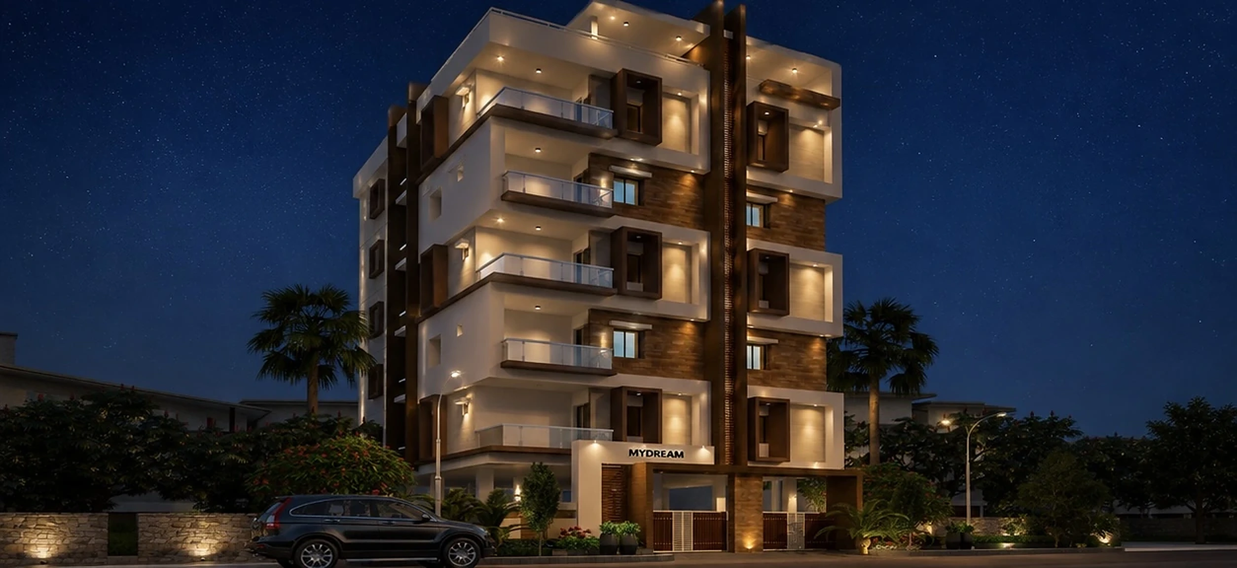 My Dream Perch residential apartment elevation in Ameenpur — night view